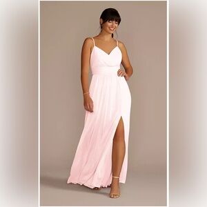 David's Bridal Spaghetti Strap Ruched Waist Mesh Dress Petal Size 4 Style F19944